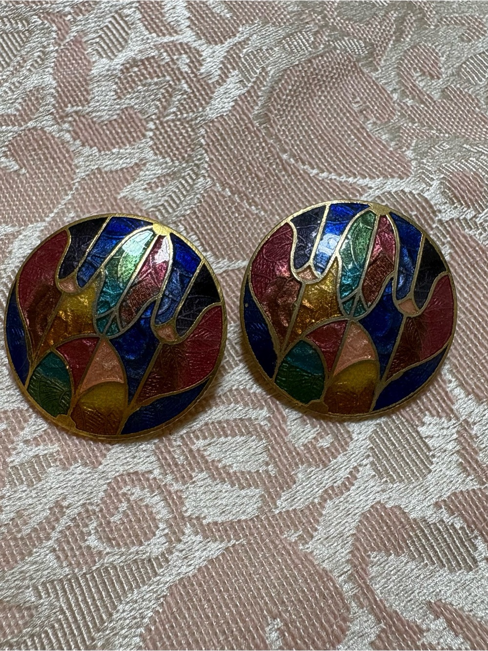 Vintage Cloisonné Enamel Floral Button Earrings Gold Tone Statement Jewelry